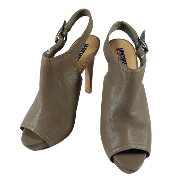 LUMIANI! TAUPE BROWN/GRAY VEGAN LEATHER STILETTO, PLATFORM, PEEP TOE HEELS! 10M - Picture 3 of 11